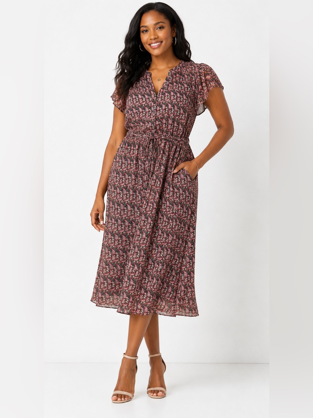 Banana‎ Republic Paisley Flutter Sleeve Tie Waist Midi Dress Women’s Large